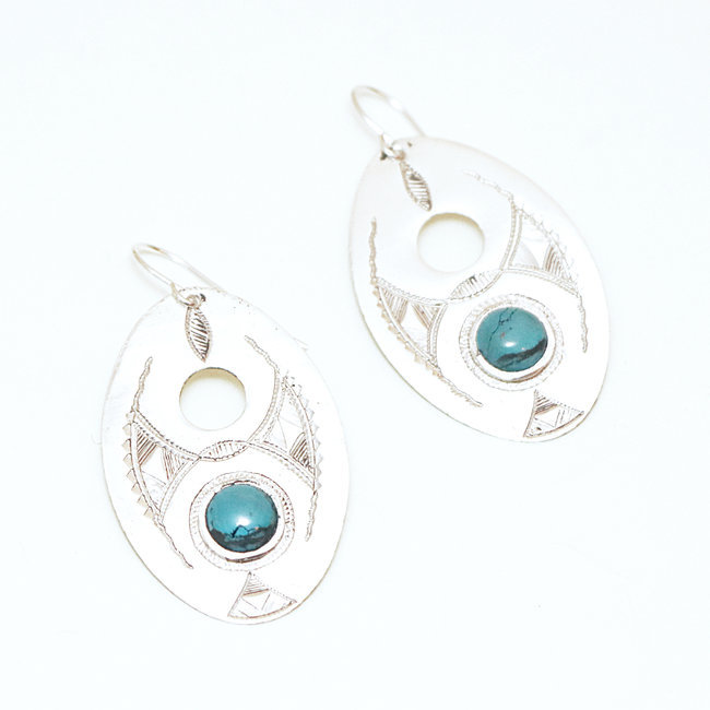 Boucles d'oreilles argent 925 touareg ovale ajourée et Turquoise naturelle - Niger 047