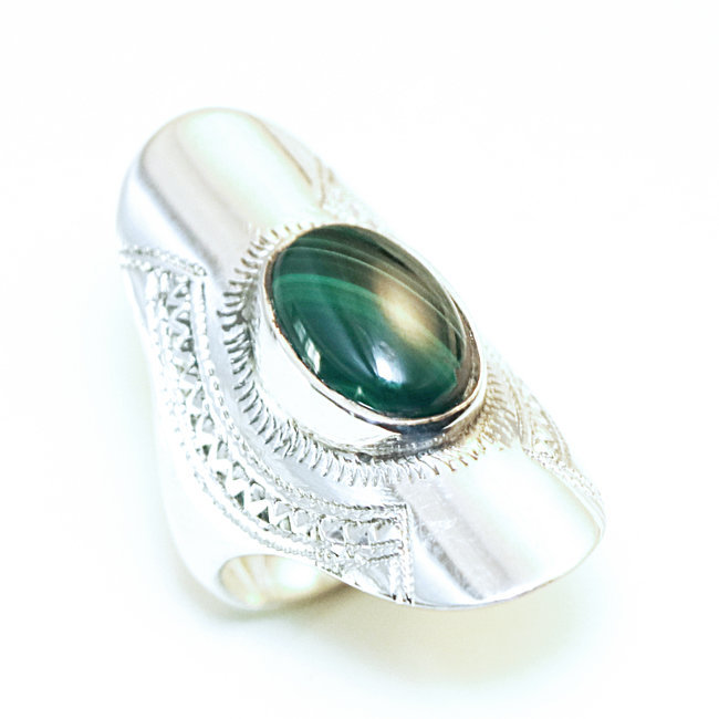 Bague argent 925 touareg navette longue et Malachite - Niger 116