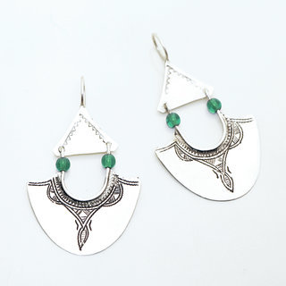 Bijoux ethniques touareg boucles d'oreilles en argent 925 femme pendantes longues feuilles graves perles vertes - Niger 047 a