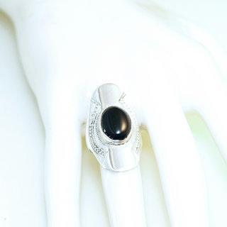 Bijoux ethniques touareg berbres bague en argent 925 massif pierres semi-prcieuses personnaliss femme homme longue navette gravure Onyx noir - Niger 116 b