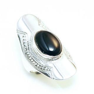 Bijoux ethniques touareg berbres bague en argent 925 massif pierres semi-prcieuses personnaliss femme homme longue navette gravure Onyx noir - Niger 116 a