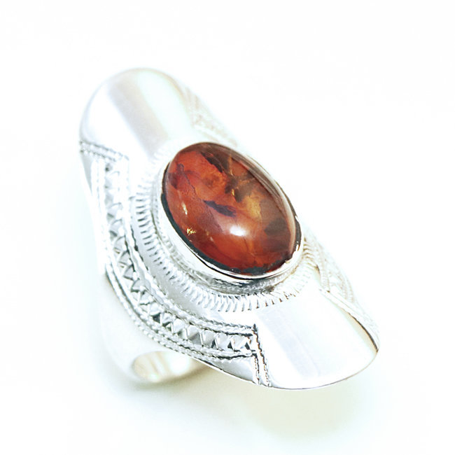 Bague argent 925 touareg navette longue et Ambre - Niger 116