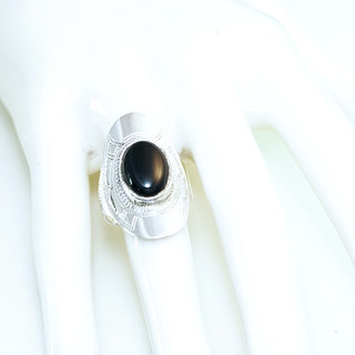 Bijoux touareg ethniques bague en argent 925 massif pierres semi-prcieuses personnaliss femme homme longue navette gravure Onyx noir - Niger 118b