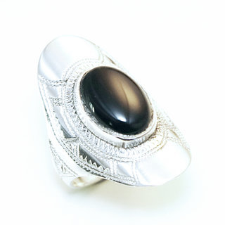 Bijoux touareg ethniques bague en argent 925 massif pierres semi-prcieuses personnaliss femme homme longue navette gravure Onyx noir - Niger 118a