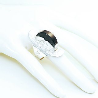 Bijoux ethniques touareg berbre bague ancienne en argent 925 massif pierres semi-prcieuses femme homme longue navette haute relief personnaliss gravure Onyx noir - Niger 121 b