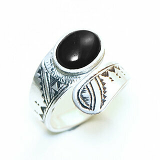 Bijoux ethniques touareg bague en argent 925 massif femme homme pierres semi-prcieuses noire Onyx ovale croise rglable ajustable fine - Niger 131a