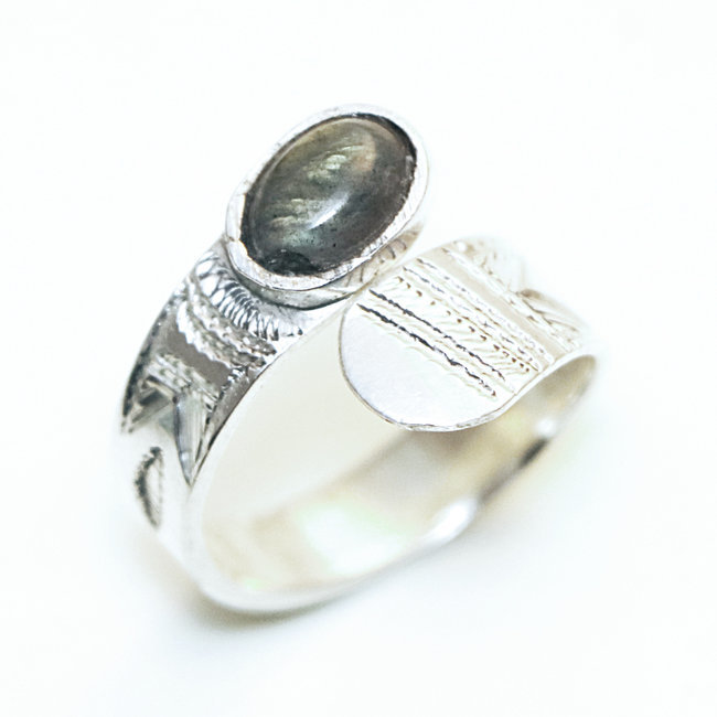 Bague argent massif 925 touareg réglable croisée et Labradorite - Niger 015