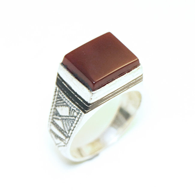 Bague argent 925 touareg rectangle chevalière et Cornaline - Niger 145