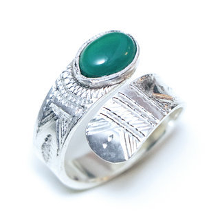 Bijoux ethniques touareg berbres bague en argent 925 massif femme pierres semi-prcieuses Agate verte ovale rglable ajustable - Niger 160 a