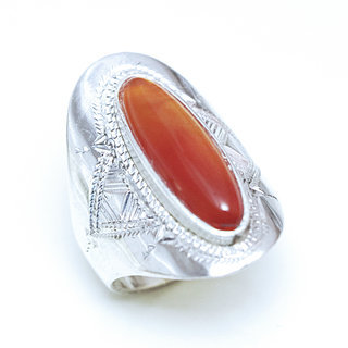 Bijoux ethniques touareg berbres bague argent 925 femme homme pierres semi-prcieuses fines orange Cornaline navette longue gravure artisanale personnalise - Niger 165 a