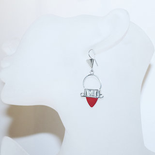 Bijoux ethniques touareg berbres boucles d'oreilles femme argent 925 massif pendantes Croix du Sud d'Ingall grave et pierre Verre artisanal rouge - 017 b