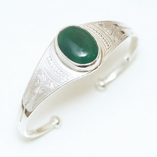 Bijoux touareg ethniques bracelet en argent 925 massif homme femme grav large ovale plat et pierre fine Agate verte rglable ajustable ouvert jonc - Niger 014 