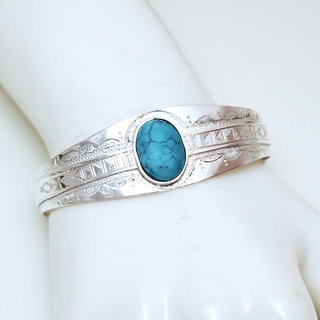 Bijoux touareg ethniques bracelet manchette en argent 925 massif femme cabochon ovale grav ajustable rglable pierre fine Howlite turquoise - Niger 028 b