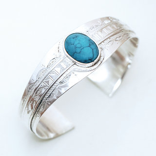 Bijoux touareg ethniques bracelet manchette en argent 925 massif femme cabochon ovale grav ajustable rglable pierre fine Howlite turquoise - Niger 028 a