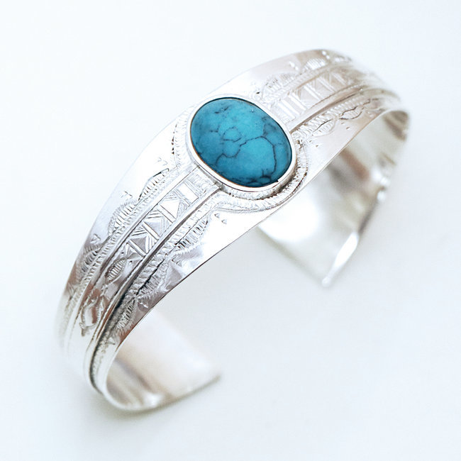 Bracelet argent massif 925 touareg manchette et Howlite turquoise - Niger 028