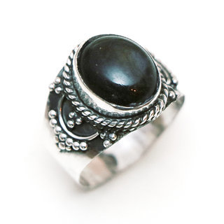 Bijoux ethniques Indiens bague argent 925 et pierre fine Labradorite gris iris filigranes perles - Inde 408 a