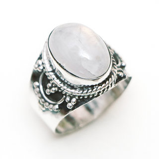 Bijoux ethniques Indiens bague argent 925 et pierre fine pierre de lune blanc iris filigranes perles - Inde 408 a