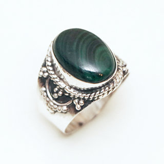 Bijoux ethniques Indiens bague argent 925 et pierre fine malachite verte vritable filigranes perles - Inde 408 a