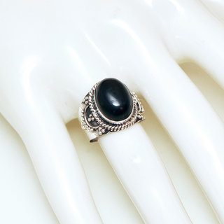 Bijoux ethniques Indiens bague argent 925 et pierre fine onyx noir filigranes perles - Inde 408b