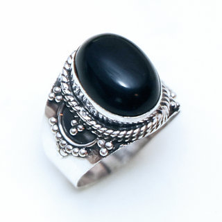 Bijoux ethniques Indiens bague argent 925 et pierre fine onyx noir filigranes perles - Inde 408 a