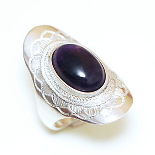 Bijoux ethniques touareg argent 925 massif bague femme pierres semi-prcieuses Amthyste violet fonc longue navette  graver personnalise - Niger 073a