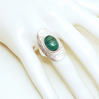 Bijoux ethniques touareg argent bague 925 massif femme pierres semi-prcieuses Malachite vritable vert fonc longue navette grave personnalise - Niger 073b