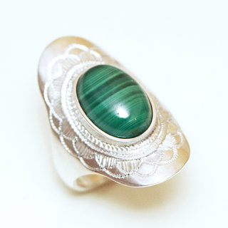 Bijoux ethniques touareg argent bague 925 massif femme pierres semi-prcieuses Malachite vritable vert fonc longue navette grave personnalise - Niger 073a