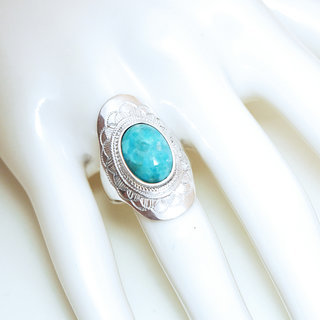 Bijoux ethniques touareg bague argent 925 massif femme pierres semi-prcieuses Turquoise vritable longue navette grave prnom personnalisable - Niger 073b