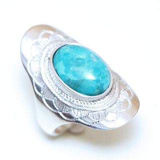 Bijoux ethniques touareg bague argent 925 massif femme pierres semi-prcieuses Turquoise vritable longue navette grave prnom personnalisable - Niger 073a