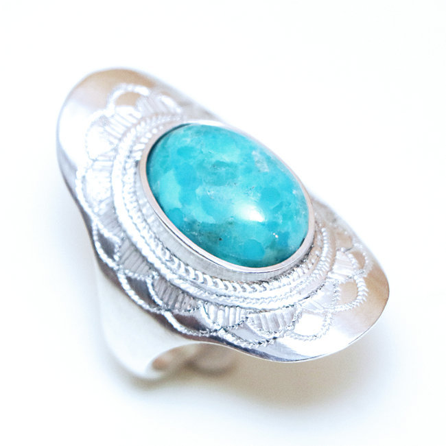 Bague argent massif 925 touareg ovale navette fleur et Turquoise - Niger 073