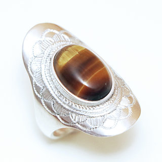 Bijoux ethniques touareg argent bague 925 massif femme pierres semi-prcieuses Oeil de Tigre marron longue navette grave personnalise- Niger 073a