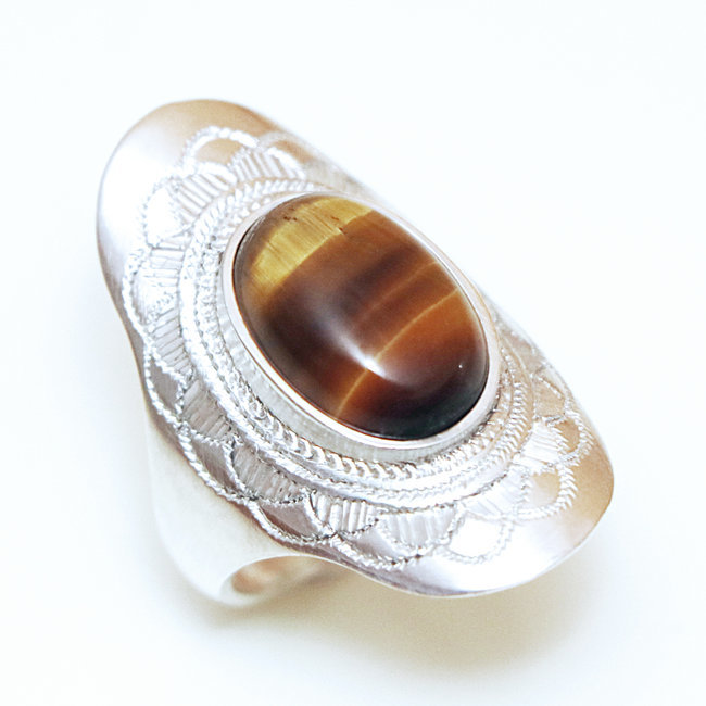 Bague argent massif 925 touareg ovale navette fleur et Oeil de Tigre - Niger 073