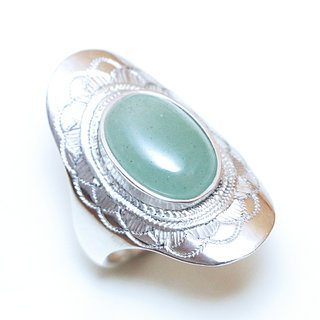 Bijoux ethniques touareg argent bague 925 massif femme pierres semi-prcieuses Aventurine vert longue navette grave personnalisable - Niger 073a