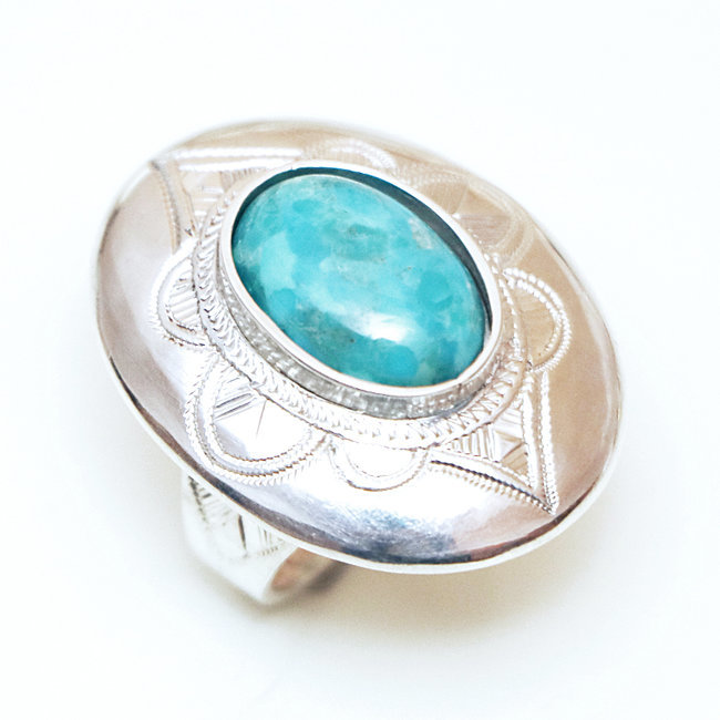 Bague argent massif 925 touareg ovale et Turquoise naturelle - Niger 003