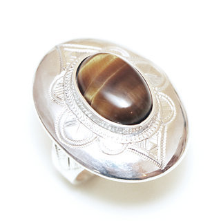 Bijoux ethniques touareg bague argent 925 femme pierres semi-prcieuses Oeil de tigre grande ovale - Niger 003 a