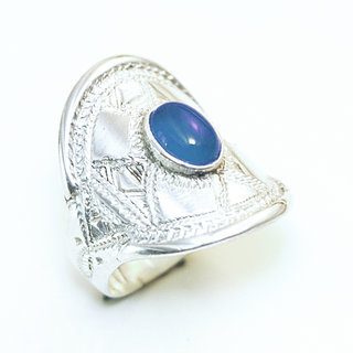 Bijoux ethniques touareg berbres bague en argent 925 massif pierres semi-prcieuses personnaliss femme homme navette longue bandeau gravure Agate bleue - Niger 100 a