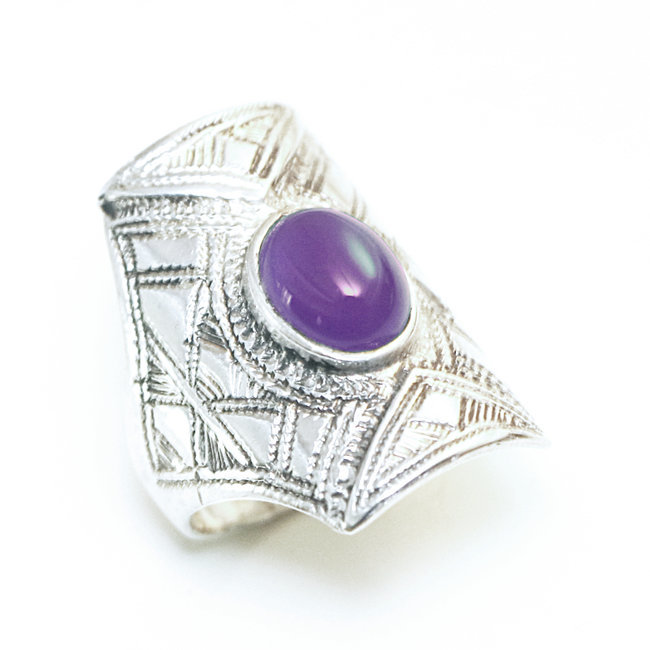 Bague argent 925 touareg rectangle chevalière et Améthyste violet - Niger 105