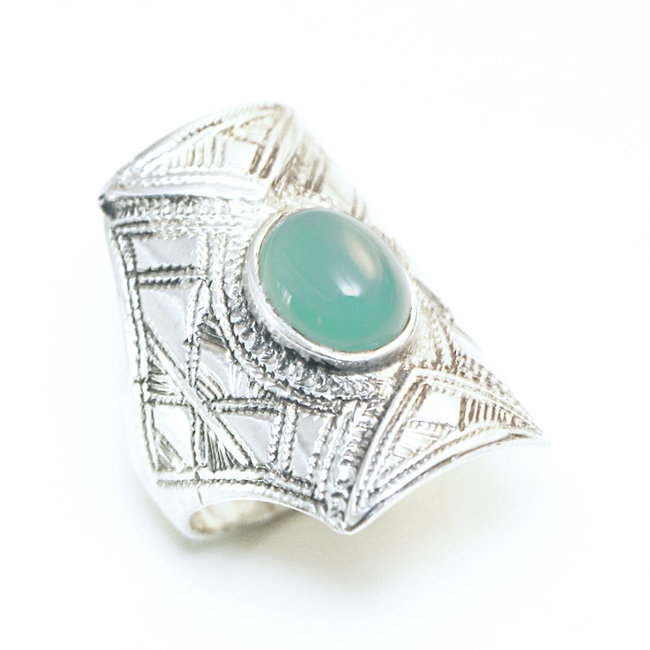 Bague argent 925 touareg rectangle chevalière et Calcédoine verte - Niger 105