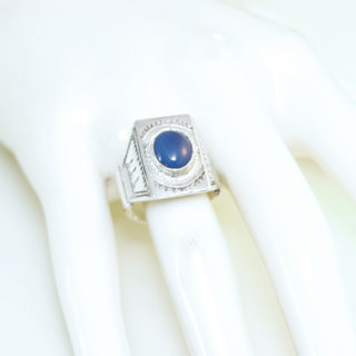 Bijoux ethniques touareg berbres bague en argent 925 massif pierres semi-prcieuses personnaliss femme homme rectangle chevalire gravure Agate bleue claire - Niger 114 b