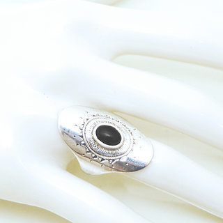 Bijoux ethniques touareg berbres bague argent 925 massif femme pierres semi-prcieuses onyx noir longue navette grave - Niger 005 b