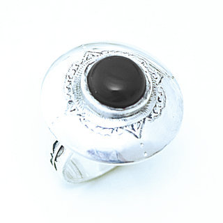 Bijoux ethniques touareg berbres bague en argent 925 massif femme pierres semi-prcieuses Onyx noir grande ronde grave artisanale personnalise - Niger 018 a