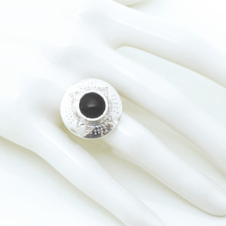 Bijoux ethniques touareg berbres bague en argent 925 massif femme pierres semi-prcieuses Onyx noir grande ronde grave artisanale personnalise - Niger 019 b