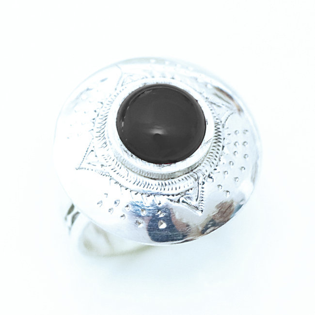 Bague argent massif 925 touareg ronde large et Onyx - Niger 019