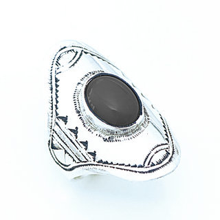 Bijoux ethniques touareg bague en argent 925 massif femme ovale navette longue grave et pierre fine onyx noir - Niger 022 a