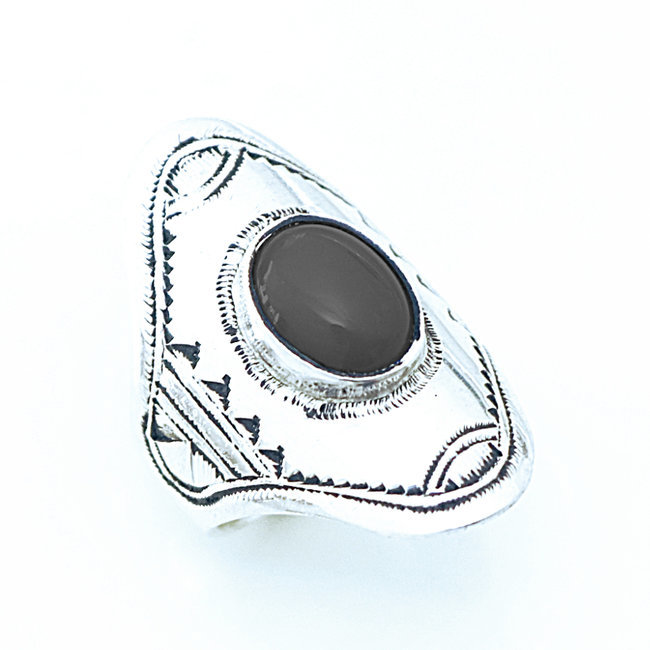 Bague argent massif 925 touareg longue navette et Onyx - Niger 022