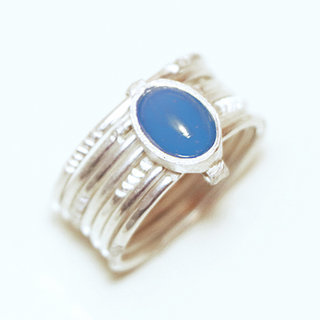 Bijoux ethniques touareg bague en argent 925 massif femme homme semainier grav multi plusieurs sept anneaux et pierre fine Agate bleue - Niger 028 a