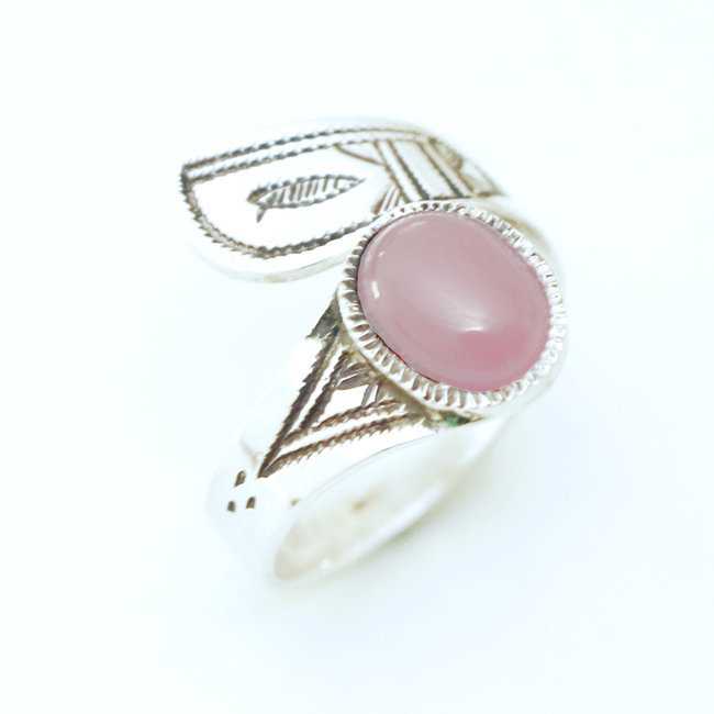 Bague touareg argent 925 croisée réglable ruban Quartz rose - Niger 033