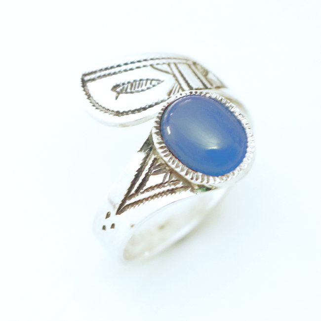 Bague touareg argent 925 croisée réglable ruban Agate bleue - Niger 033