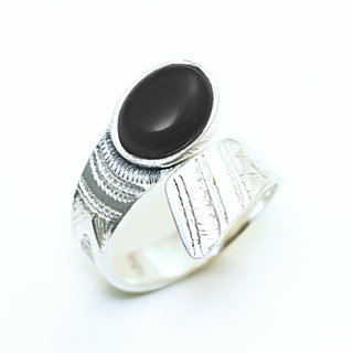 Bijoux ethniques touareg berbres bague en argent 925 massif femme homme pierres semi-prcieuses onyx noir ovale croise rglable ajustable fine - Niger 128 a