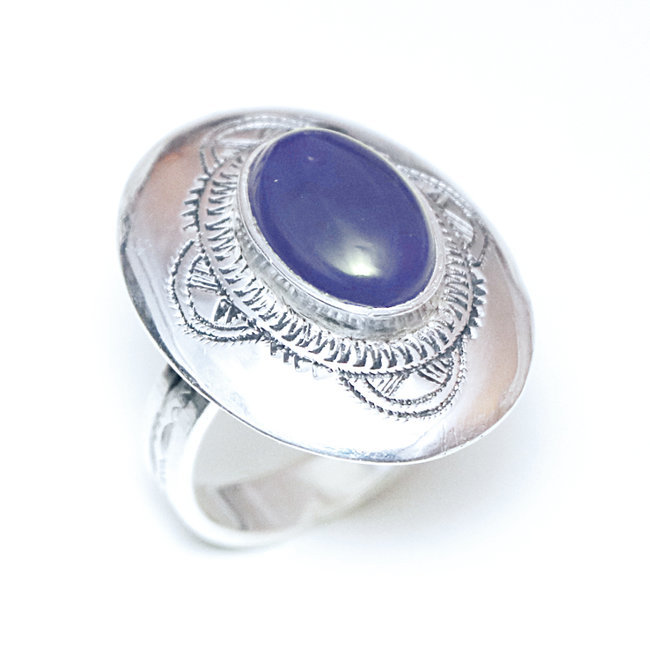 Bague argent massif 925 touareg ovale gravée et Agate bleue - Niger 068